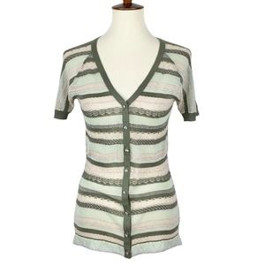 M NEW Charlotte Tarantola Olive Green Ombré Lace Knit Button Up Shirt Blouse Top